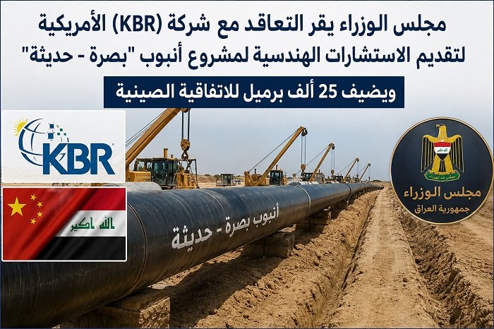 ◈ مجلس الوزراء يوافق على التعاقد مع شركة أميركية لاستشارات مشروع أنبوب "البصرة – حديثة" ويضيف 25 ألف برميل إلى الاتفاقية الصينية