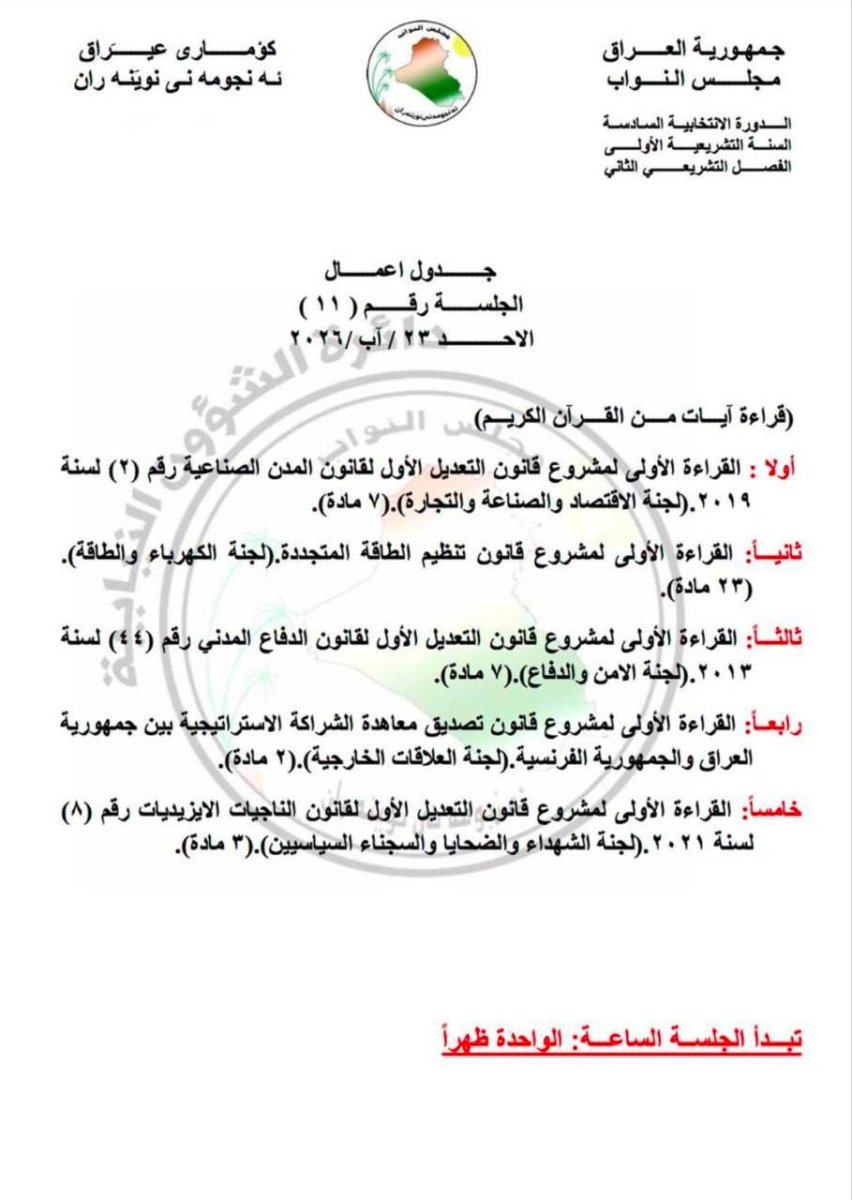 جدول اعمال الجلسة ال ١١ لمجلس النواب العراقي
