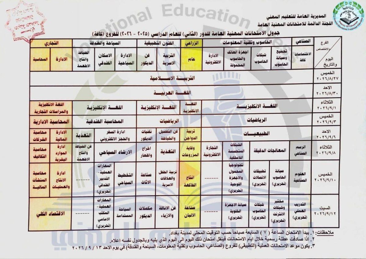وزارة التربية تنشر جدول الامتحانات المهنية العامة /الدور الثاني للعام الدراسي (2025–2026)
