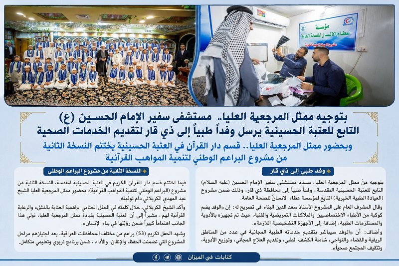 العتبة الحسينية تجمع بين الرعاية الصحية وبناء المواهب.. وفد طبي إلى ذي قار واختتام مشروع قرآني وطني بحضور ممثل المرجعية العليا